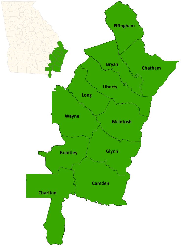 Map of eleven Georgia coastal counties