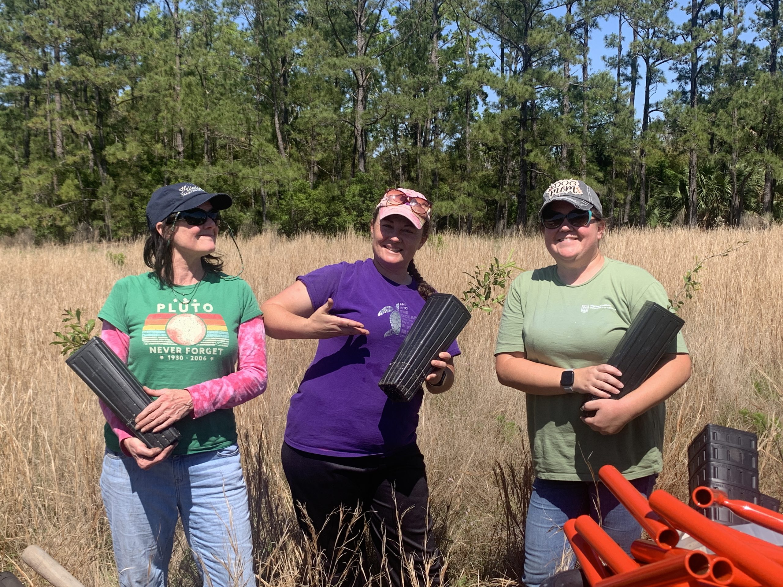 A trio of smiling women standing with oak saplings in their hands